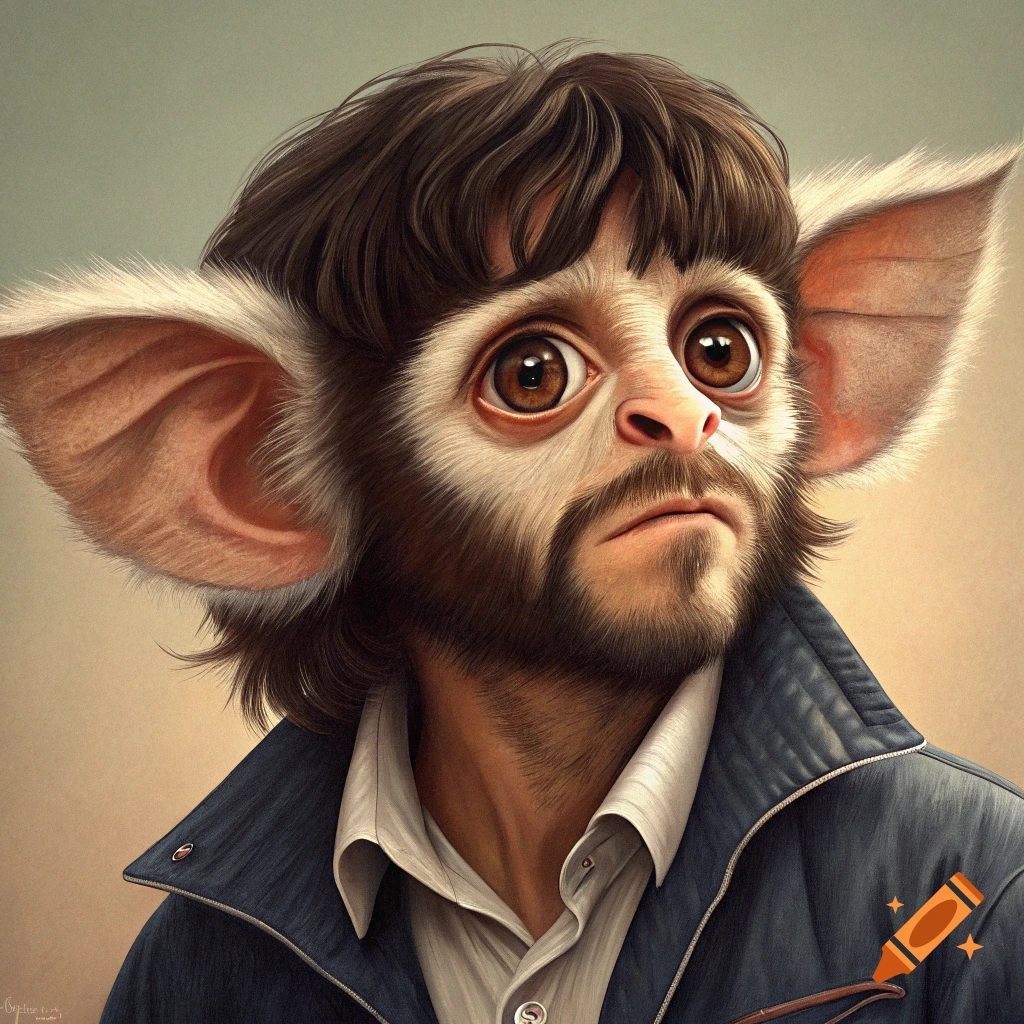 Realistic portrait of a creature fused with a human, featuring large ears and eyes, wearing a jacket.
