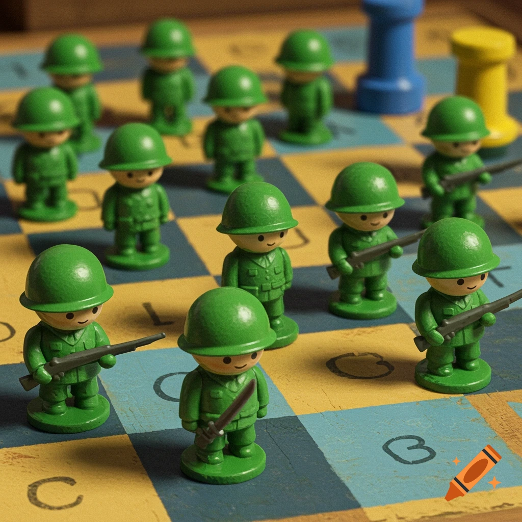 Small green toy soldiers stand on a checkered game board in an illustrative style.