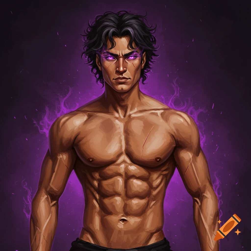 A muscular man with dark hair, violet eyes glowing with purple energy, and scars, against a purple background.