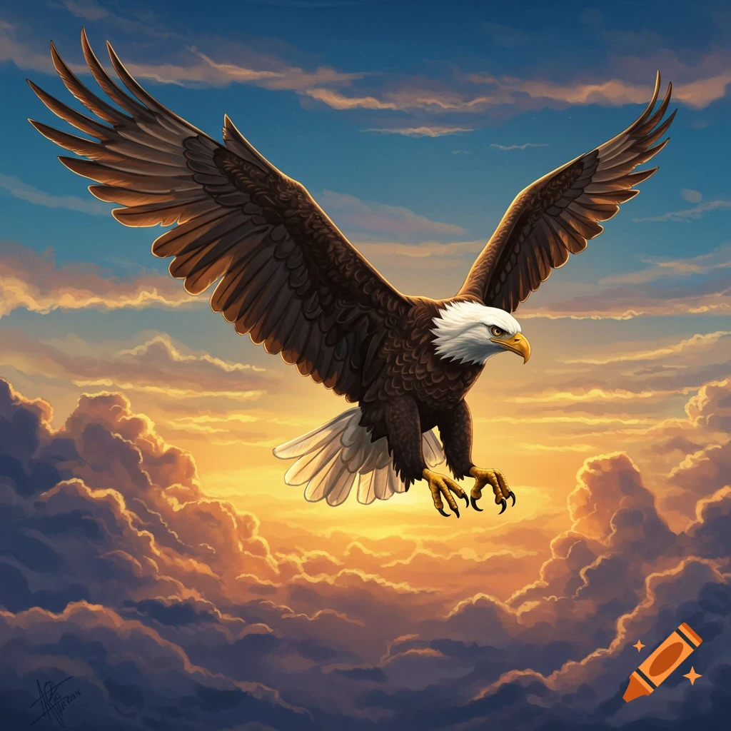 A bald eagle with talons extended flies through a cloudy sunset sky.