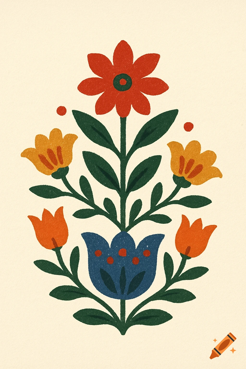 Folk art illustration of a floral arrangement with red, yellow, and blue flowers.