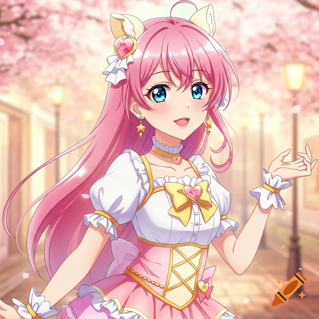 Anime girl with pink hair and cat ears in a dress stands outside with cherry blossoms.