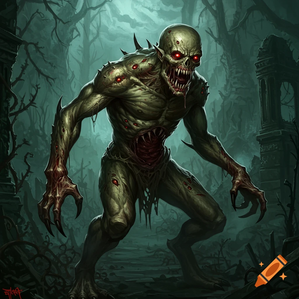 A green monster with red eyes and sharp teeth in a dark forest.