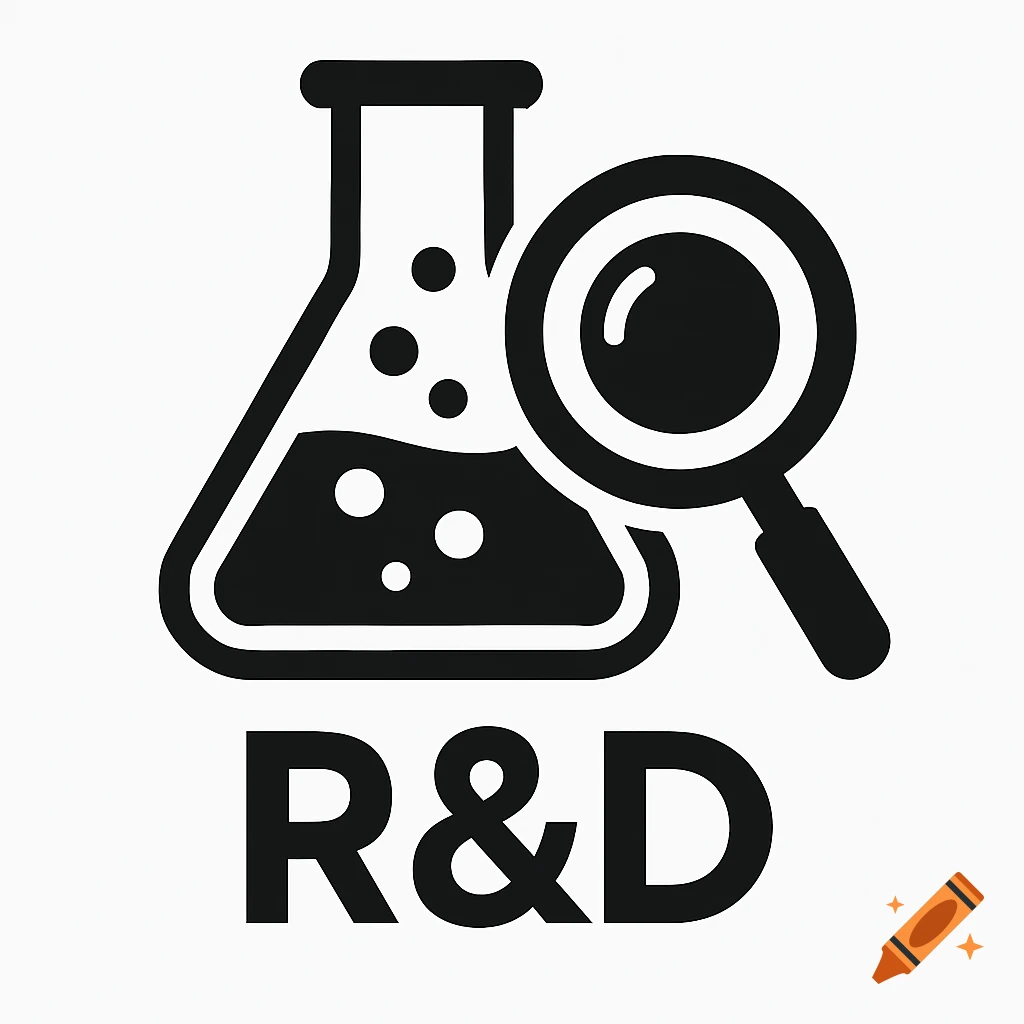 Black and white icon of a science flask, magnifying glass, and text R&D