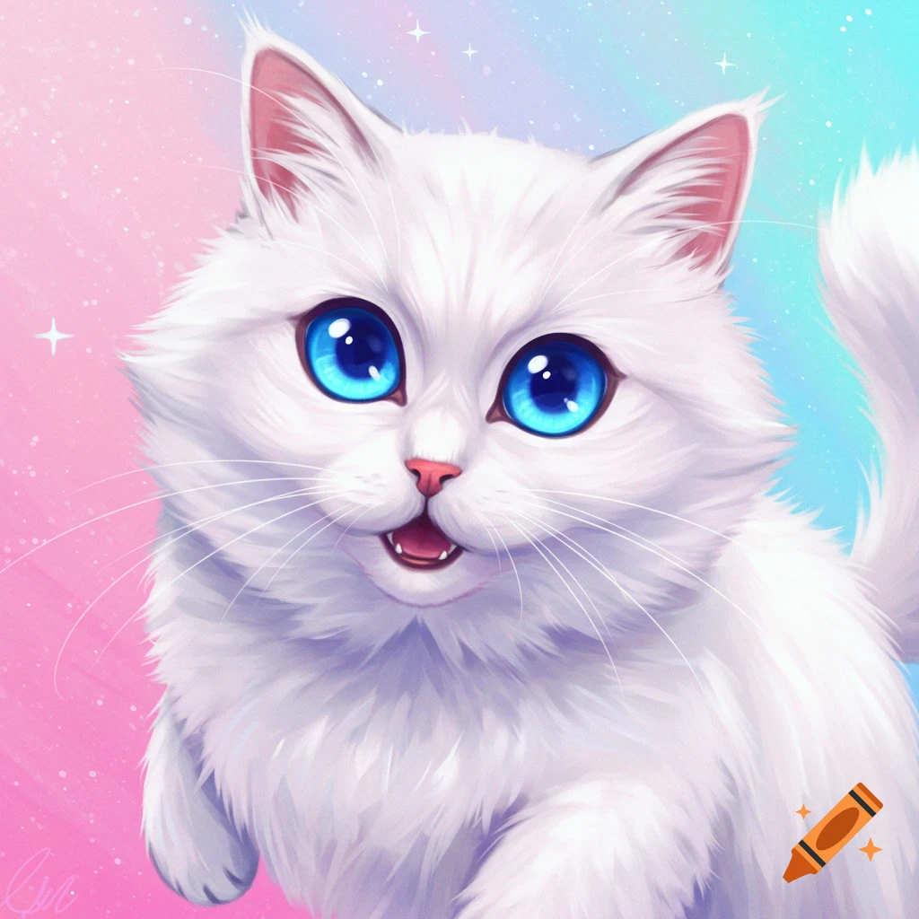 Close-up anime illustration of a fluffy white cat with large blue eyes and a pink and blue background.