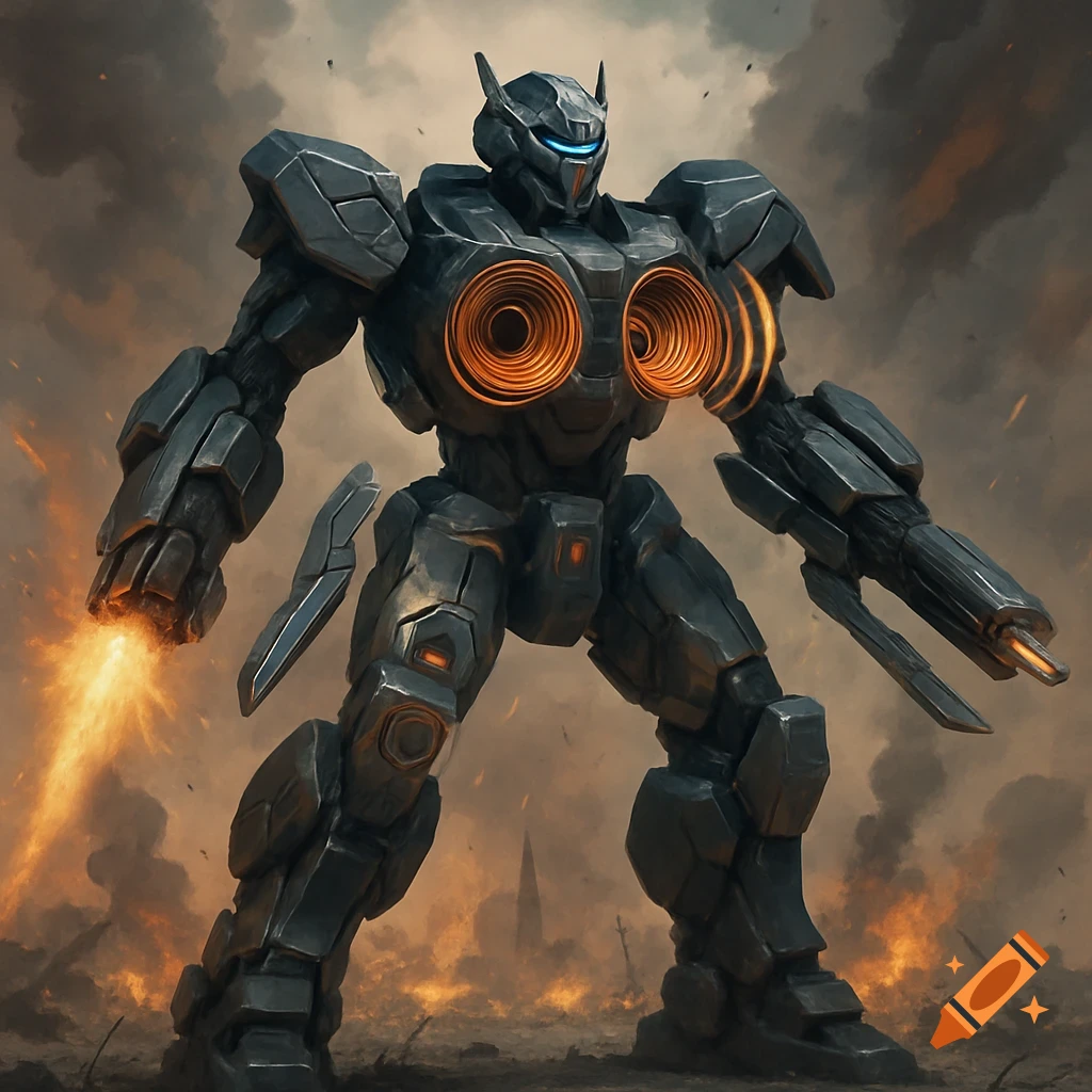 A large dark grey robot stands in a smoky battlefield, glowing orange chest speakers and an arm blaster firing.