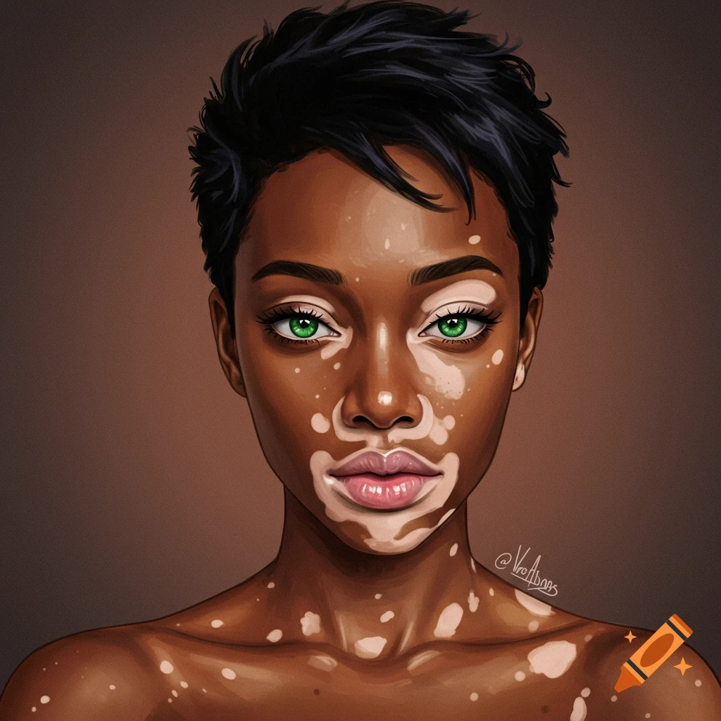 Portrait of a woman with vitiligo and bright green eyes.