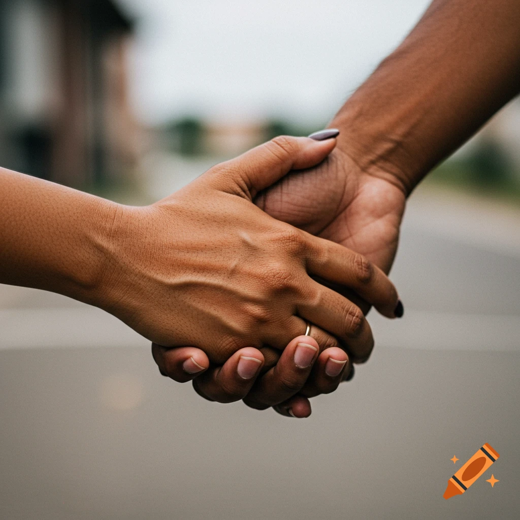 Close-up of a man's hand and a woman's hand holding while walking outdoors.
