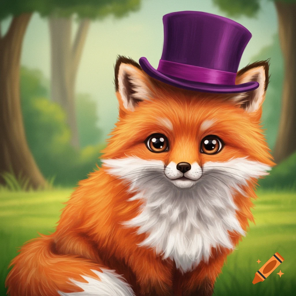 A cute fox wearing a purple top hat in a forest.