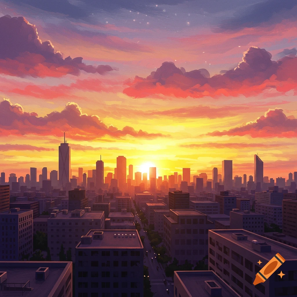 A city skyline at sunrise with vibrant orange and purple clouds.