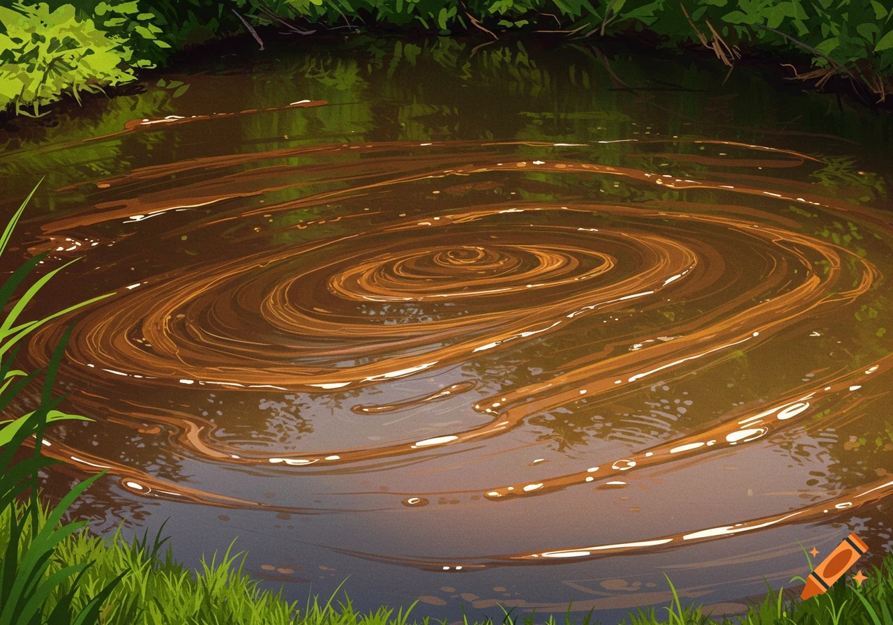 Swirling patterns in muddy pond water surrounded by green grass.