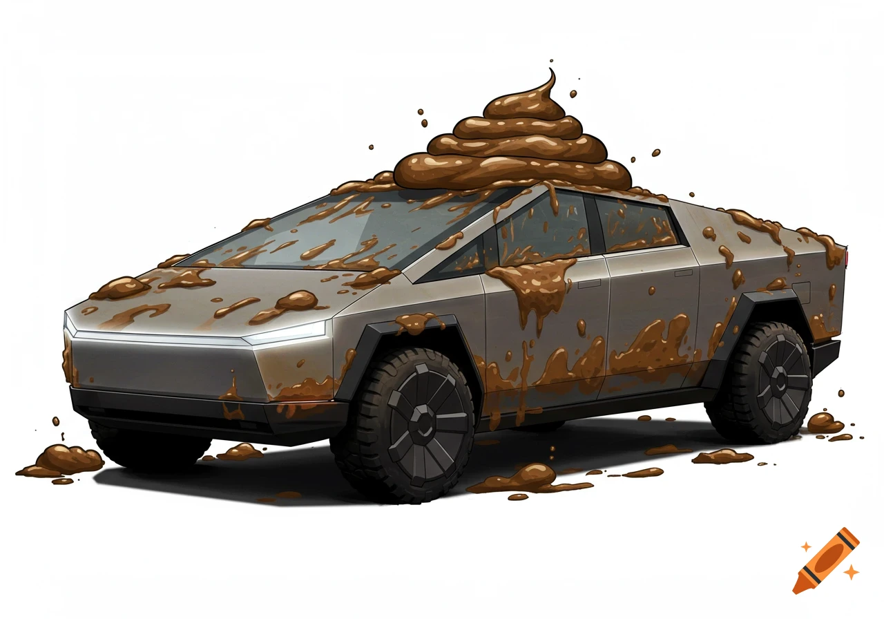 Cartoon illustration of a silver Tesla Cybertruck completely covered in brown splatters and a large pile of feces on the roof.