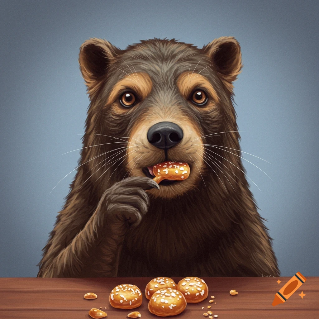 A brown bear eating a cookie at a table with more cookies.
