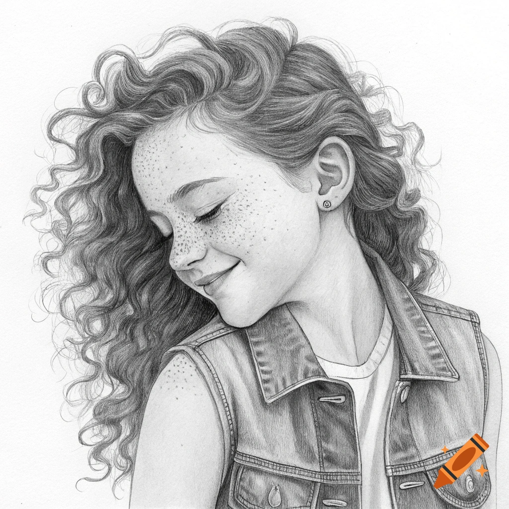 Pencil sketch of a young girl with curly hair and freckles wearing a denim vest
