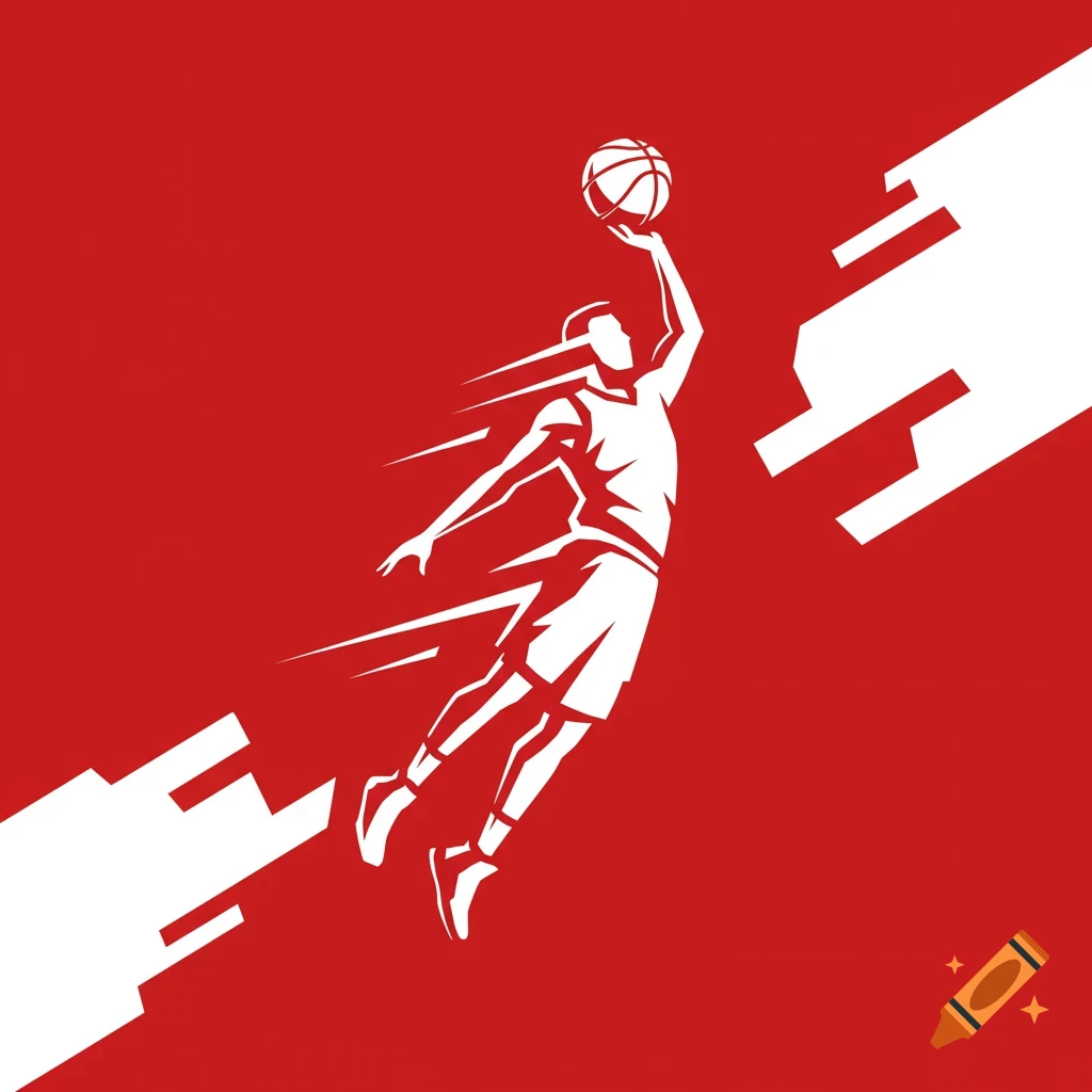 Stylized graphic of a basketball player dunking on a red background