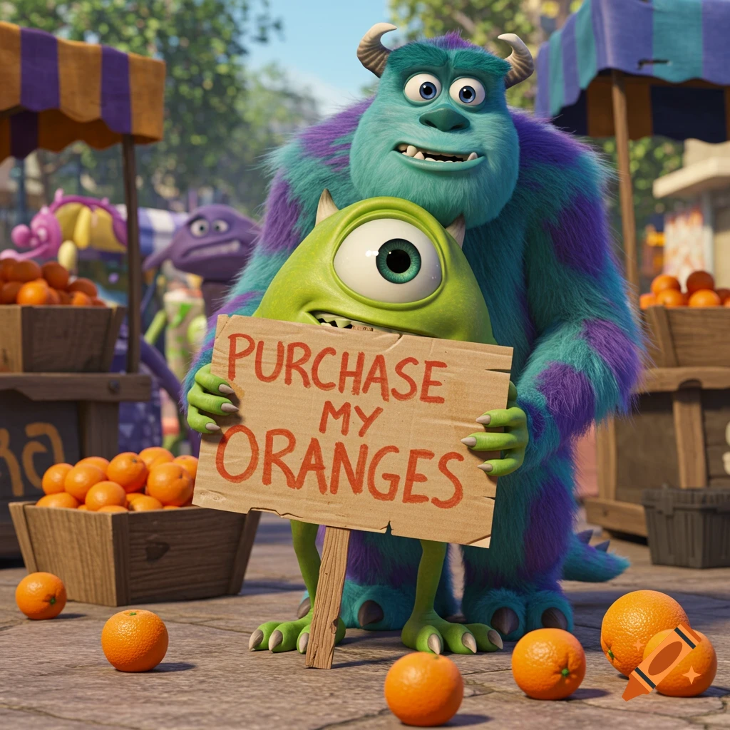 Mike Wazowski holds a sign that says "PURCHASE MY ORANGES" while Sully stands behind him at a market stall.