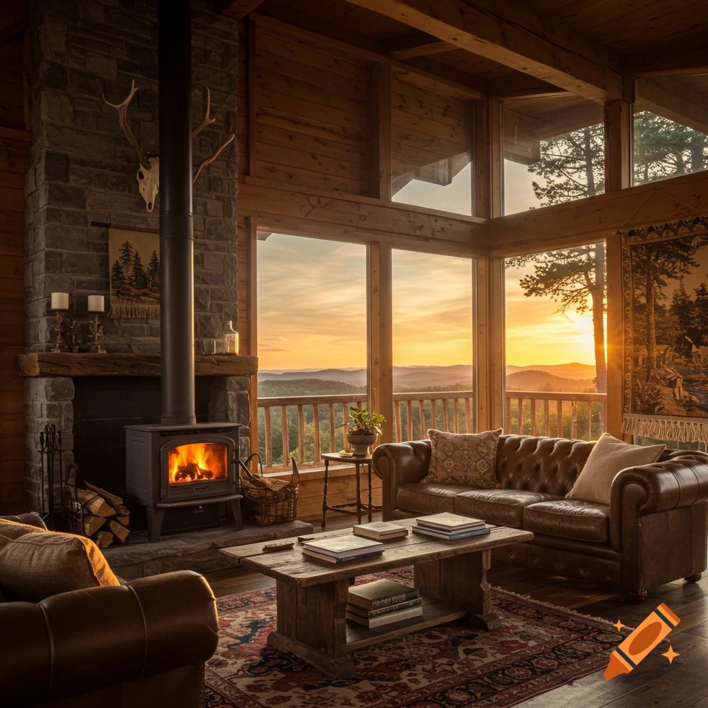 A rustic cabin living room with a fireplace, leather sofas, and a large window overlooking a sunset mountain landscape.