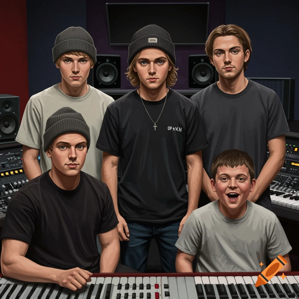 Five young men pose in a music studio surrounded by keyboards and speakers.