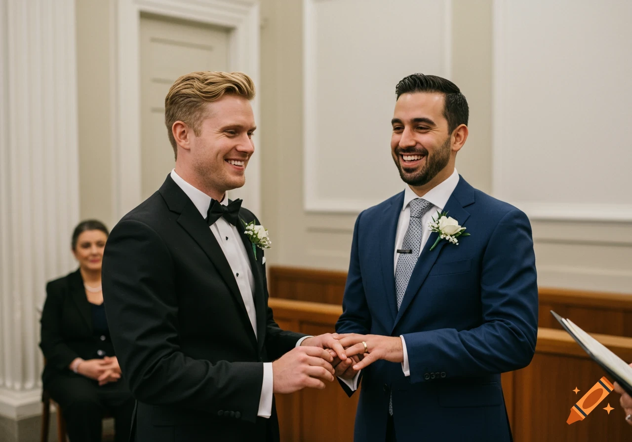Two men getting married at a courthouse ceremony.