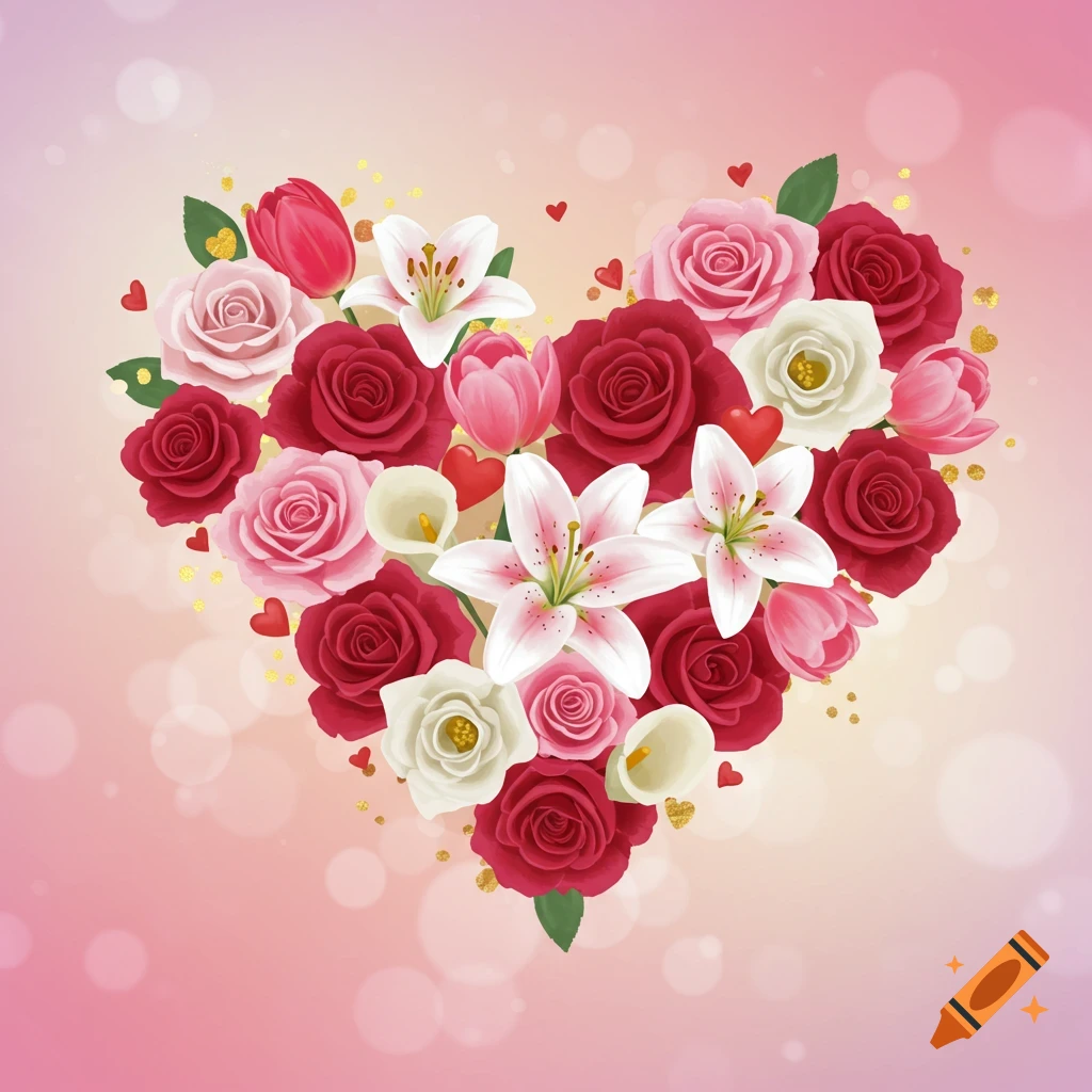 A heart-shaped arrangement of red, pink, and white flowers, including roses, lilies, and tulips, with small hearts and gold dots on a pink background.