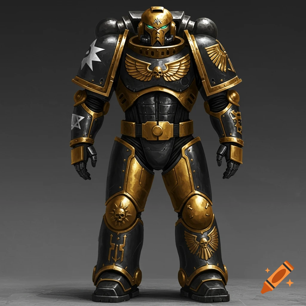 Full-body view of intricate black and gold power armor with various symbols and glowing details.