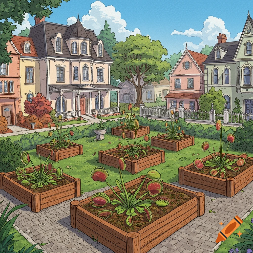 Digital illustration of a neighborhood garden with several Venus flytraps in raised beds.