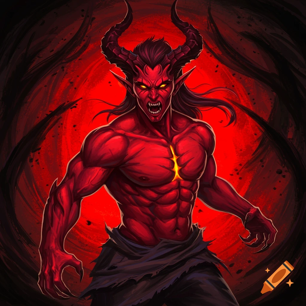 A muscular red demon with large horns, sharp teeth, glowing eyes, and claws against a red and black background.