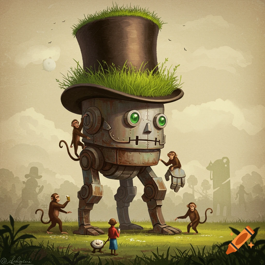 A robot giant with a grass-covered top hat is surrounded by monkeys in a field.