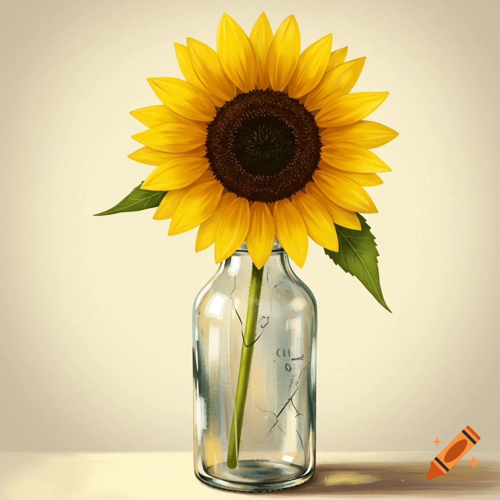 A sunflower in an old glass bottle.