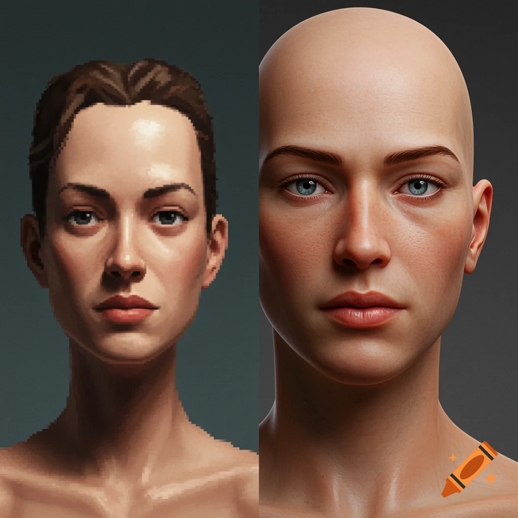 Two portraits of a woman side-by-side, one pixelated, the other highly realistic digital art.