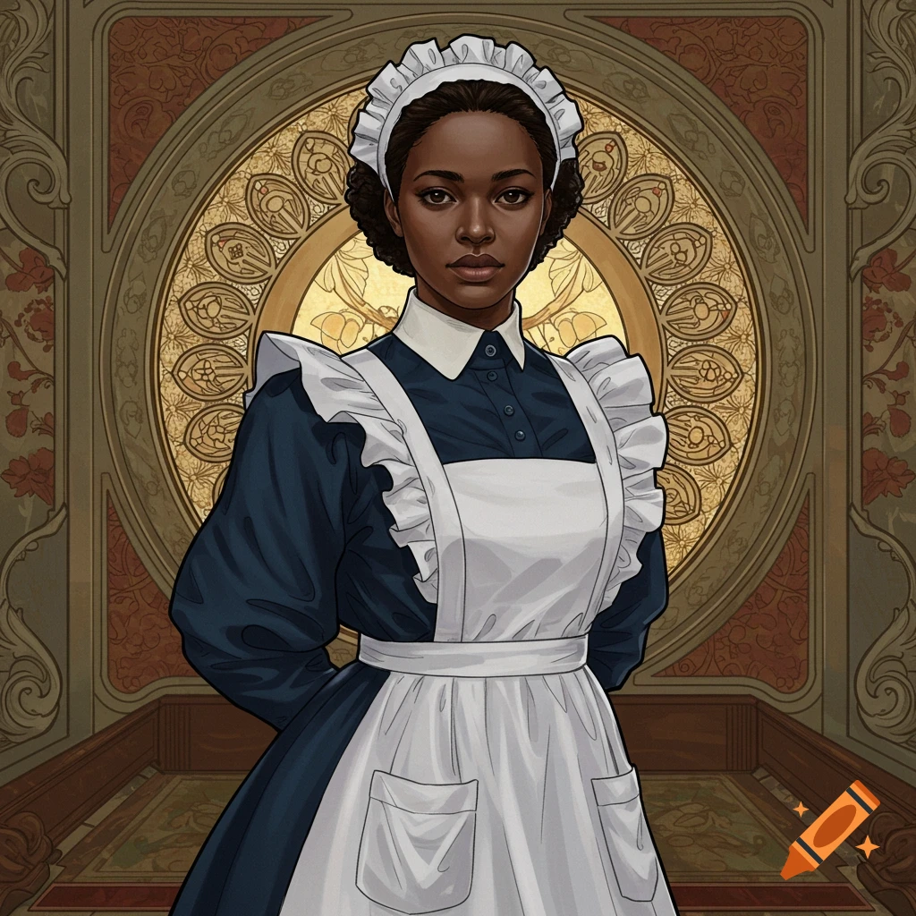 An Art Nouveau style illustration of a Black woman dressed as a maid.