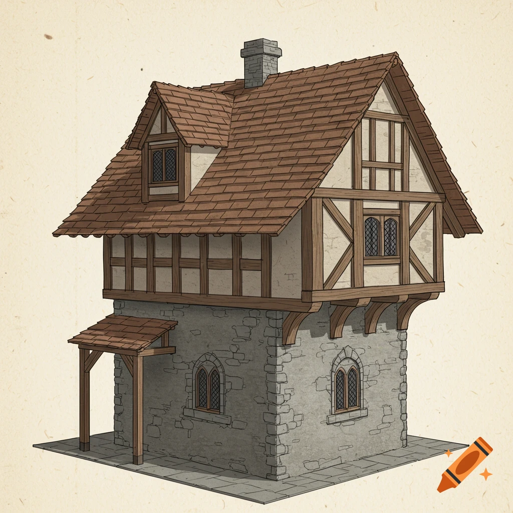 Illustration of a medieval half-timbered house with a stone base.