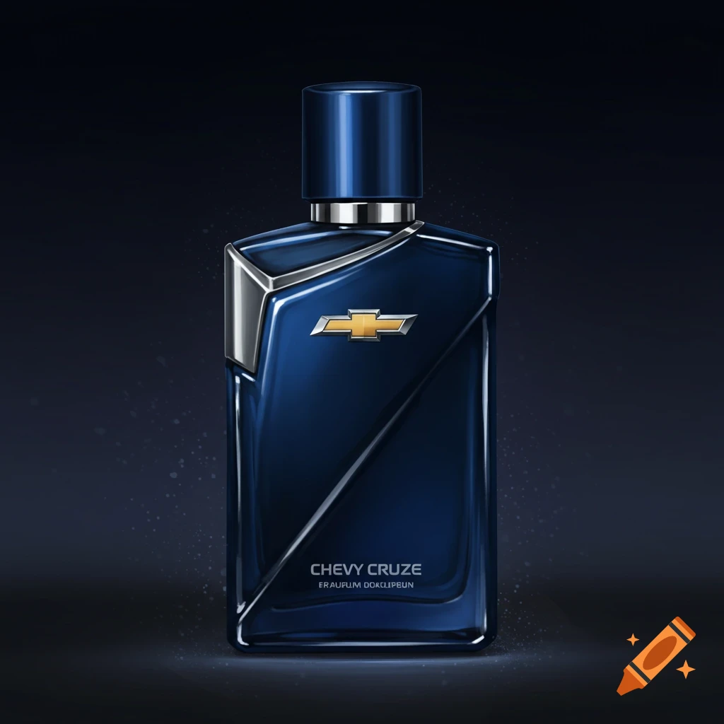 A blue cologne bottle with the Chevy logo and text is shown.