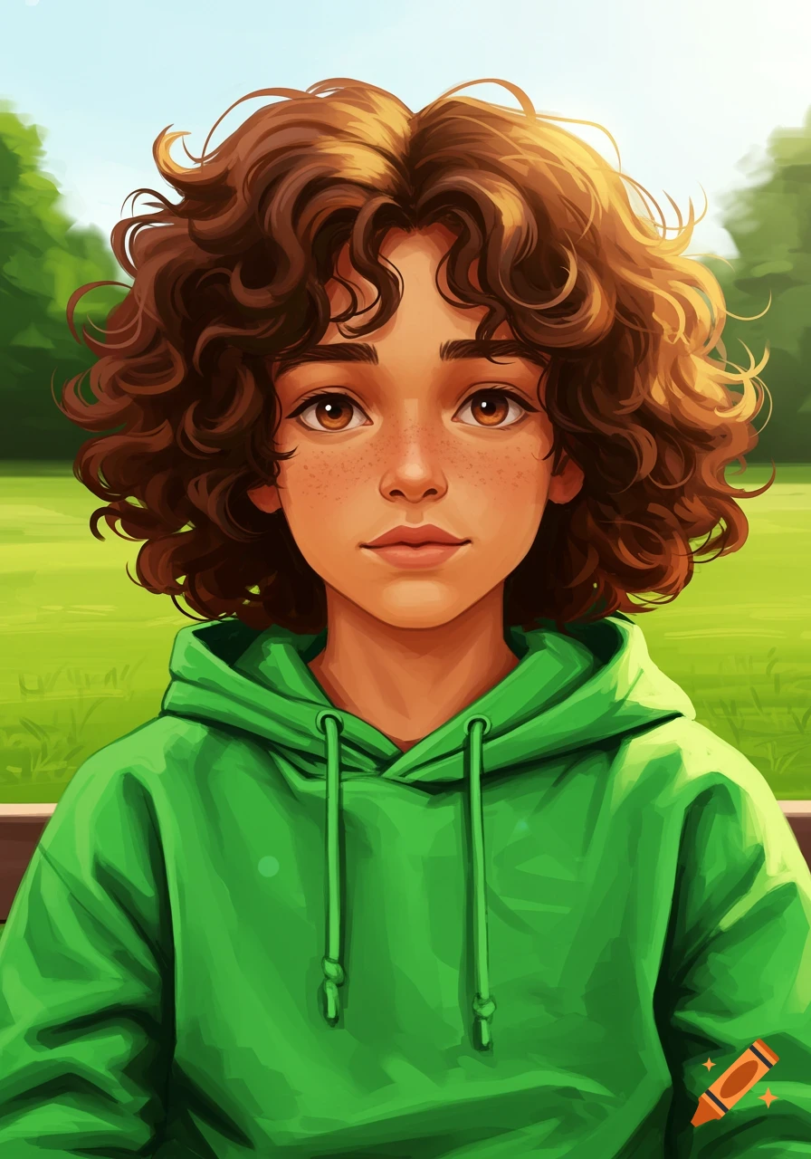 A young person with curly brown hair and freckles in a green hoodie against a bright park background.