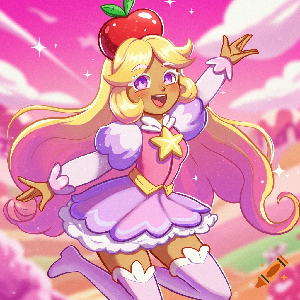Cartoon girl with apple on head jumping in pink starry background.