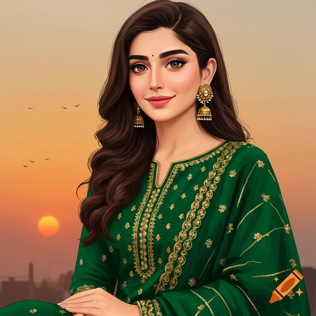 Portrait of a Pakistani woman in a green traditional dress against a sunset.