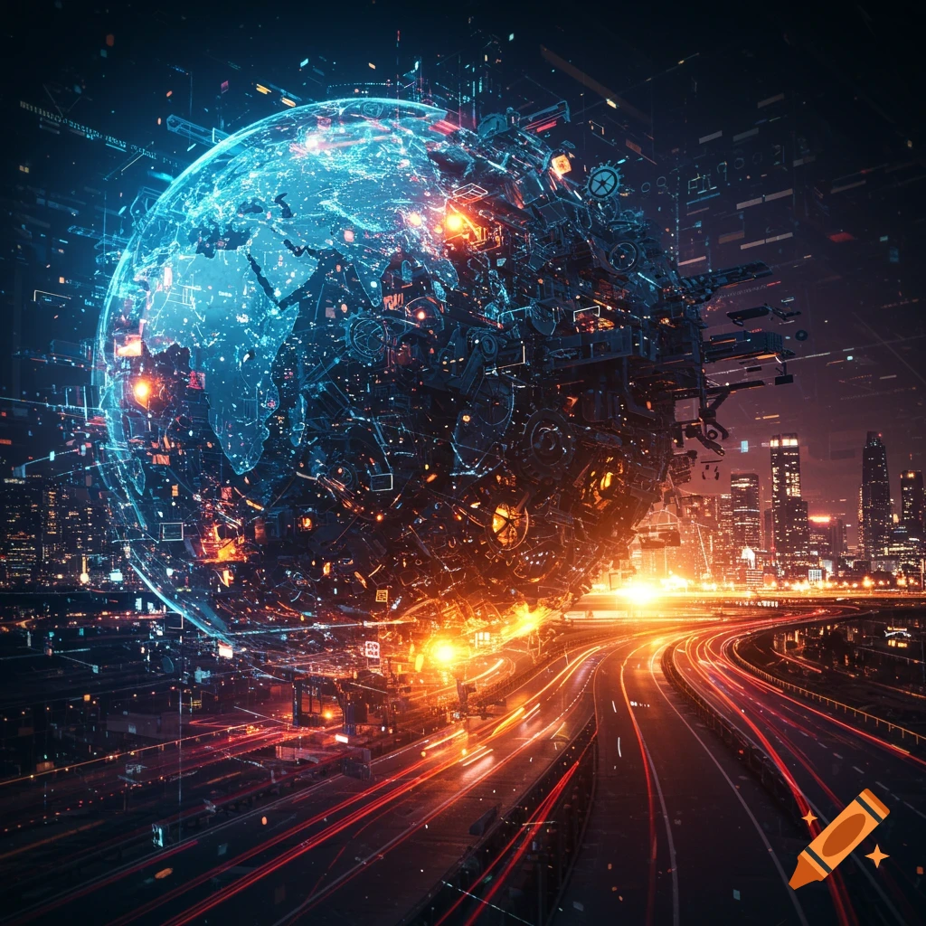 A glowing technological globe hovers over a futuristic city street at night with light trails.