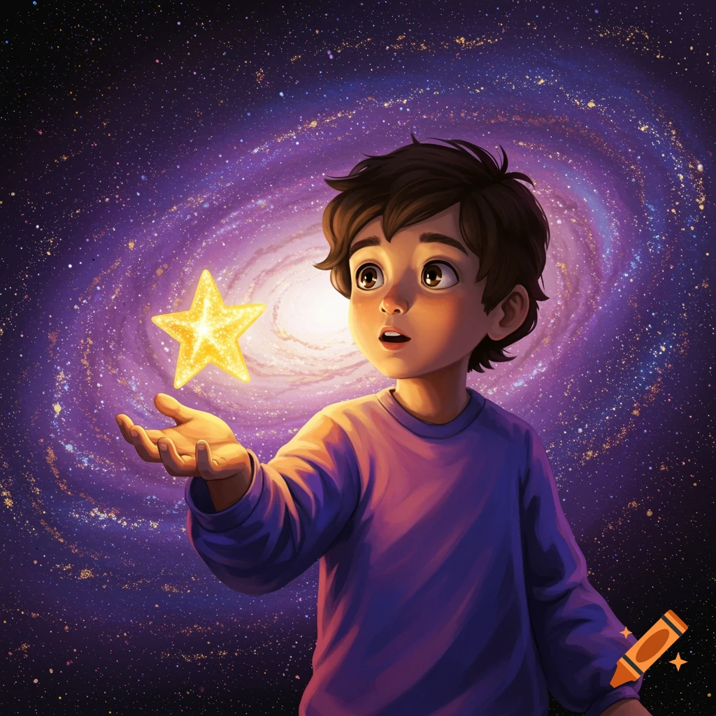 A young boy holds a glowing star against a swirling galaxy background in a vibrant illustration.