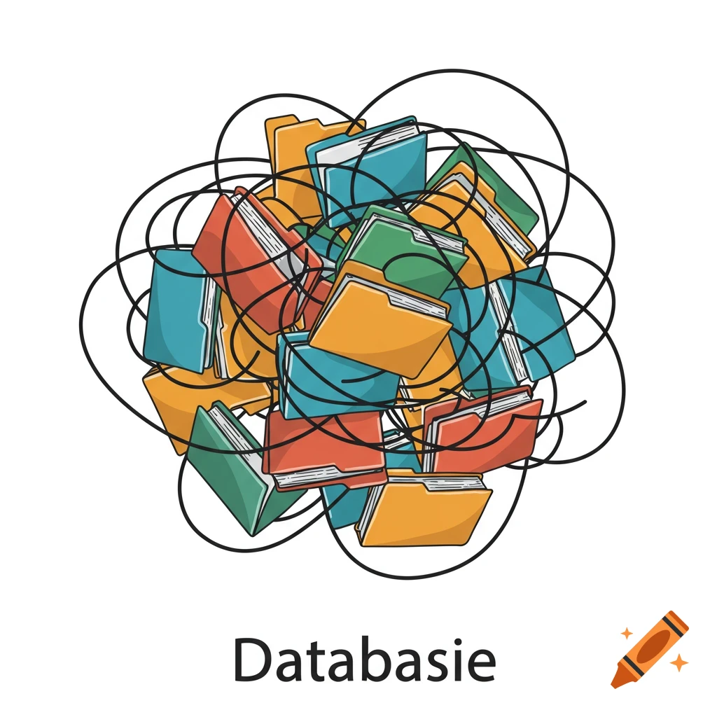 Illustration of tangled colorful file folders with the word Databasie below.