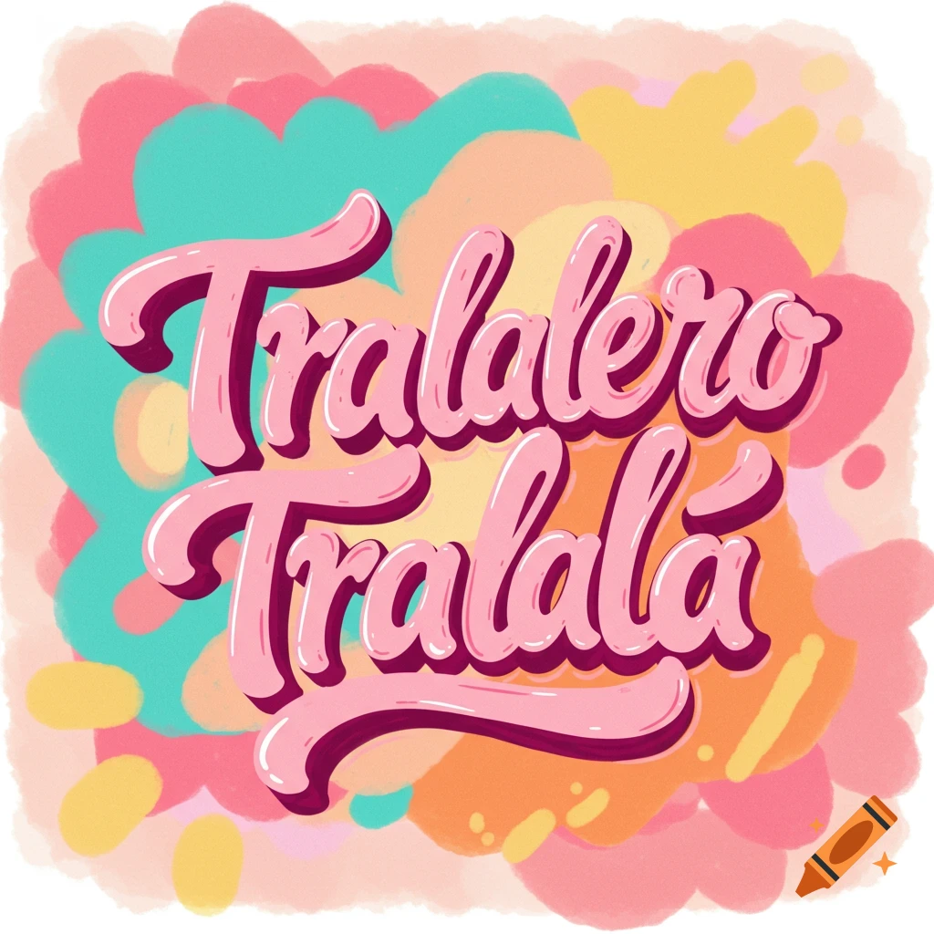 Stylized pink text "Tralalero Tralalla" on a colorful abstract background.