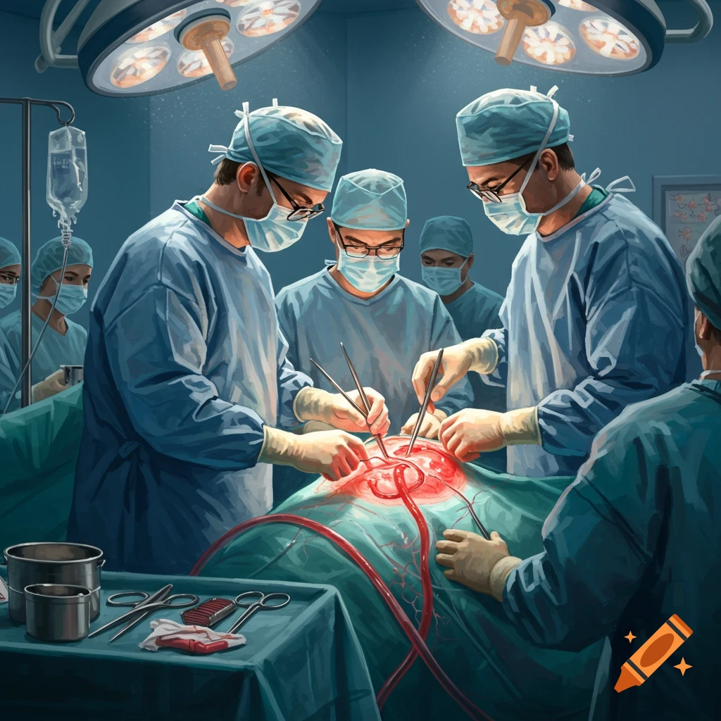 Surgeons performing an organ transplant in an operating room.