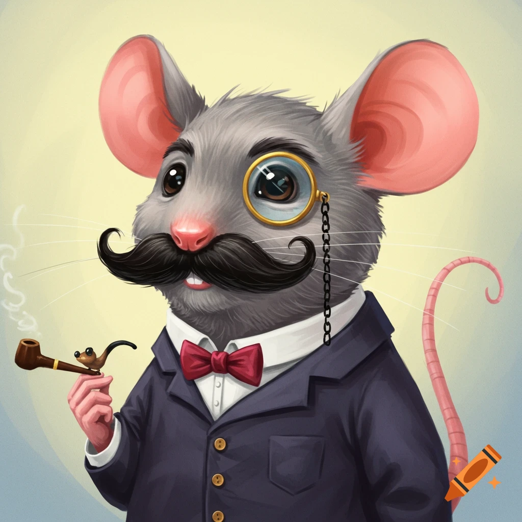 A mouse in a suit with a mustache, monocle, and pipe.