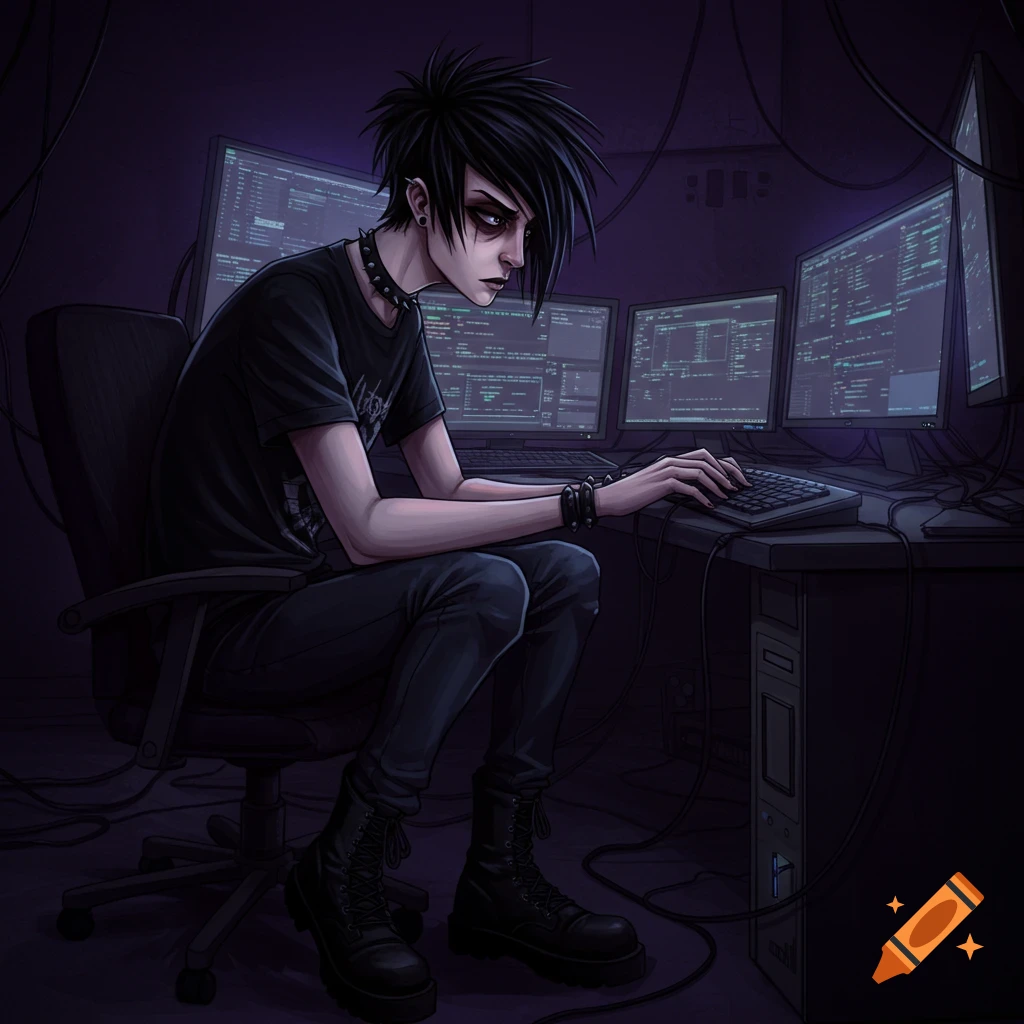 An emo man sits at a desk with multiple computer monitors displaying code in a dark room.