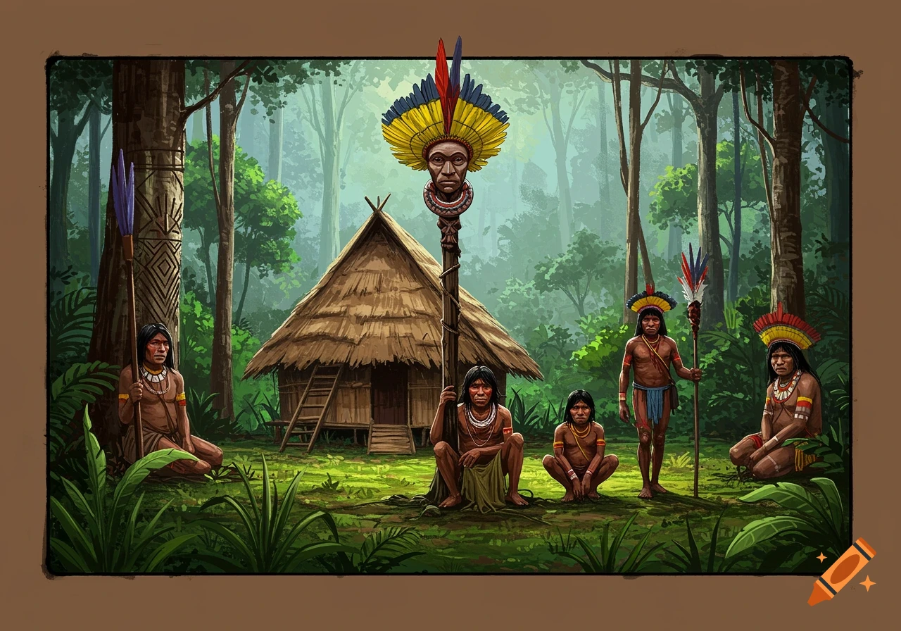 Indigenous people standing and sitting in a rainforest clearing with a hut
