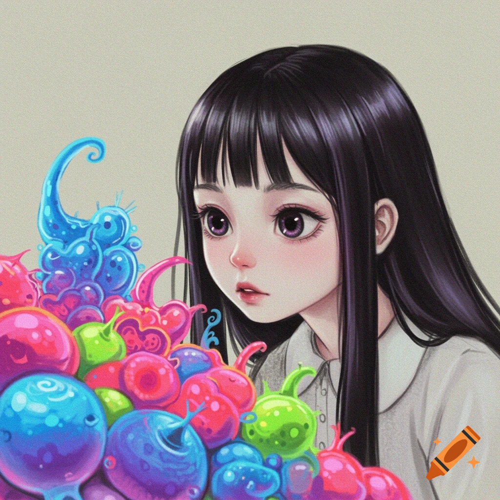 Illustration of anime girl looking at colorful surreal fruit.