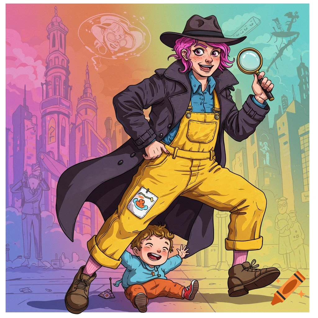 An illustration of a person dressed as a detective with a child in front of a stylized city.