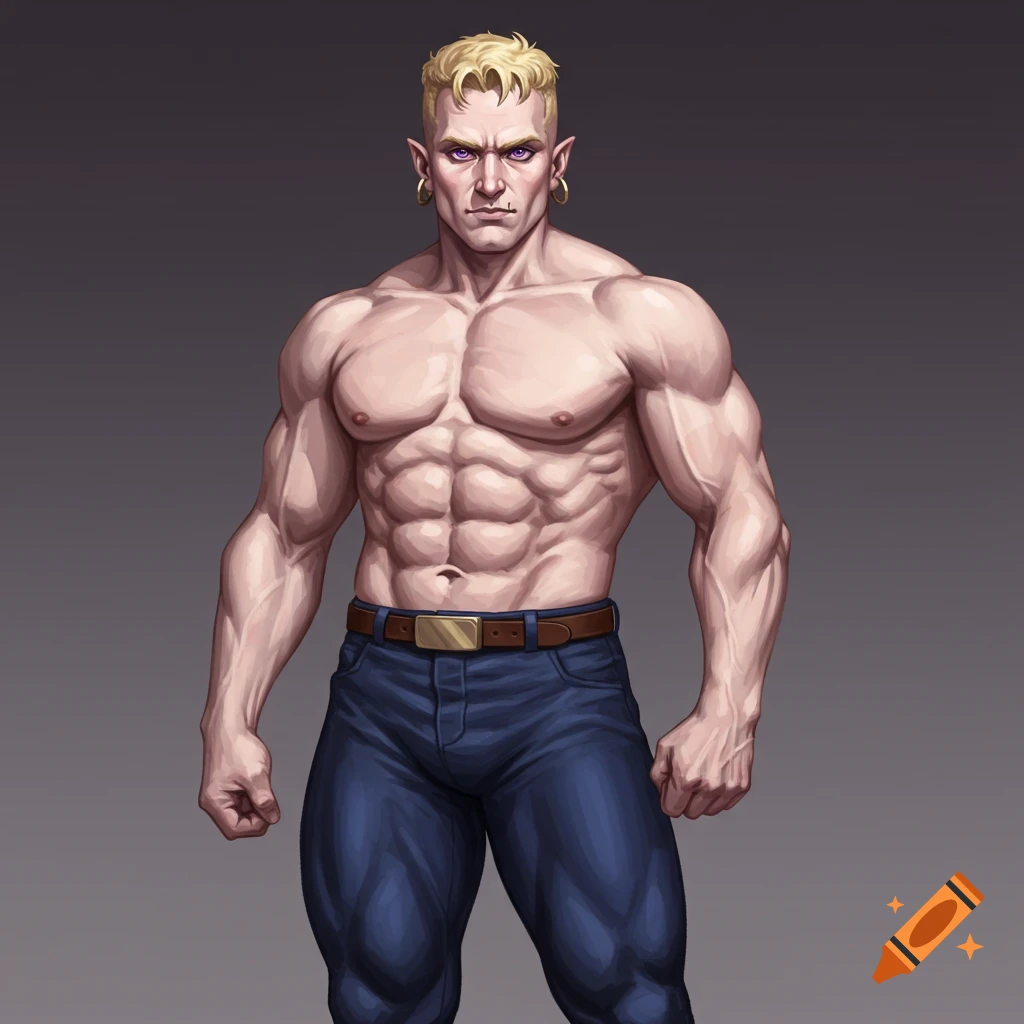 A muscular blonde man with purple eyes and pointy ears wearing jeans.