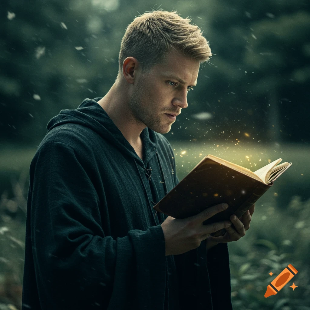 Blonde man in robes reading a magical book with glowing pages in a forest at night.