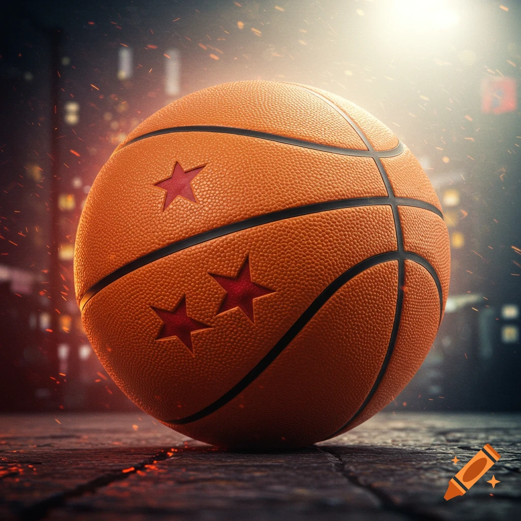 A basketball with red stars like a Dragon Ball, on a court at night.