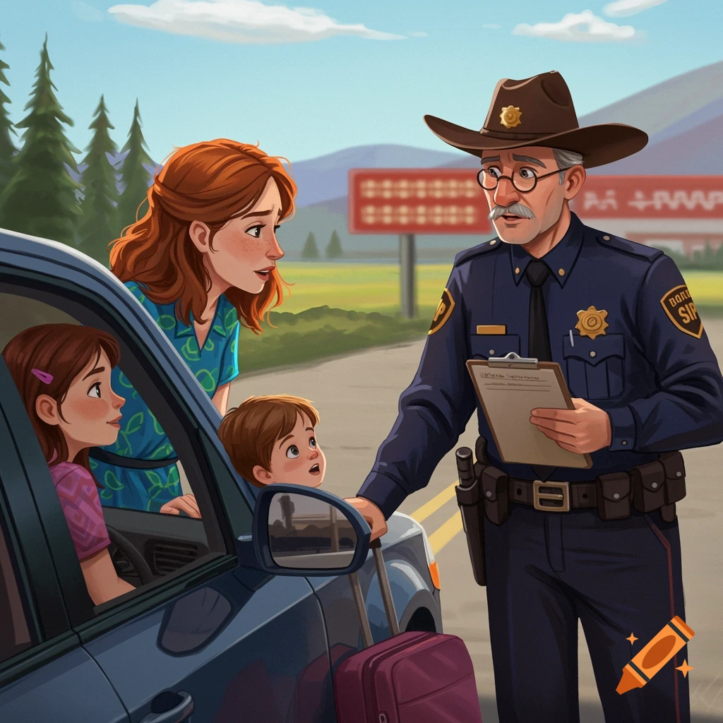 A police officer in a cowboy hat talks to a family in a car, illustration.